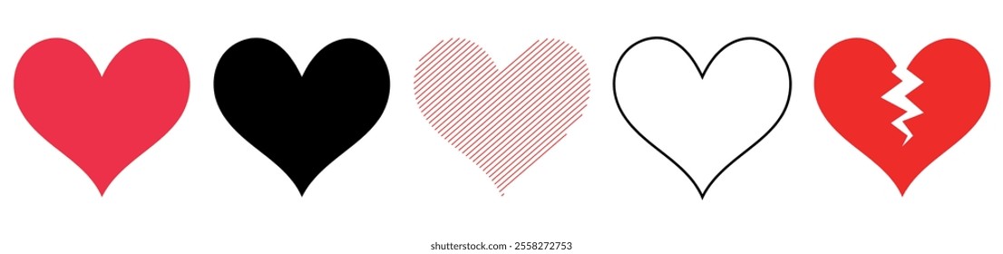 Heart drawing clipart love set. Hearts shape red and black icon in outline, sketch, doodle, scribble and stroke clip art collection. Vector illustration love symbol flat graphic design