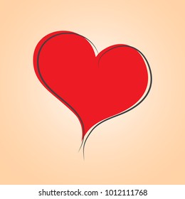 Heart drawing icon, logo, label, sign. Red heart shape with black outline contour isolated on light background. Elegant romantic vector design for love holiday greeting card, Valentine's Day.