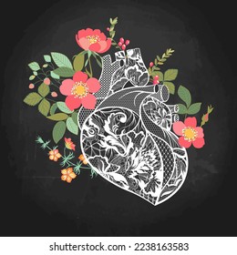 heart drawing, lace pattern, school board, chalk.