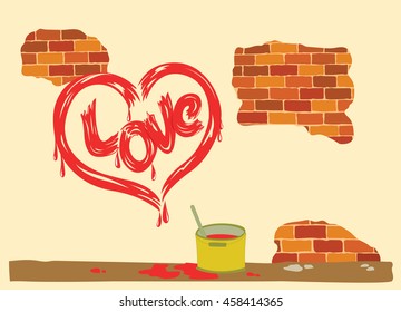 Heart drawing signed love old peeling brick wall. Valentines day february celebration symbol vector design 