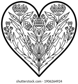 heart drawn with abstract flowers in folk style on a white background for coloring, vector