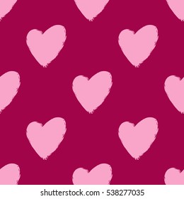 Heart drawn with a brush. Seamless pattern. Pink, purple.  Grunge.