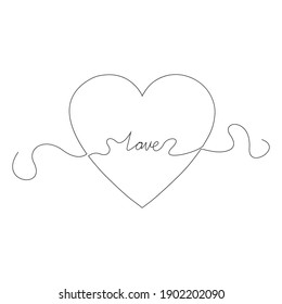 Heart drawn by one line. The word love in the center of the heart. Illustration of St. Valentine's Code.