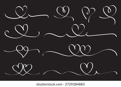Um coração desenhado com linhas contínuas. Uma coleção de corações negros e brancos minimalistas. Conceito de amor.