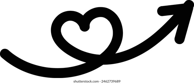 A heart is drawn in a curved line, with an arrow pointing to the right - stock vector