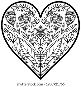 Herz gezeichnet mit Blumen im volkstümlichen Stil auf weißem Hintergrund, Vektorgrafik, Valentinstag