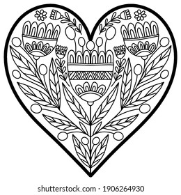 heart with drawn folk style flowers for coloring on a white background, vector