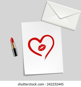 heart drawn on a sheet of paper and Lipstick