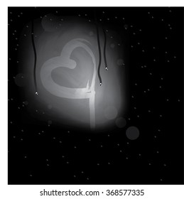 Heart drawn on steamed glass. Night, rain , window and loneliness. Vector