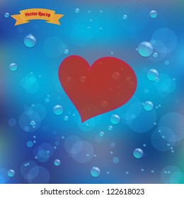 Heart drawn on water bubbles and bokeh blue background,Vector eps10
