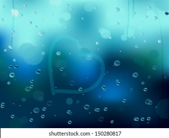Heart Drawn on a Window Full of Rain Droplets, Abstract Vector Background