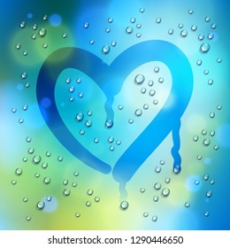 Heart drawn on a window over blurred background and water rain drops, vector realistic illustration, loneliness sadness and missing beautiful art.