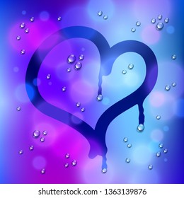 Heart drawn on a window over blurred background and water rain drops, vector realistic illustration, loneliness sadness and missing beautiful art.