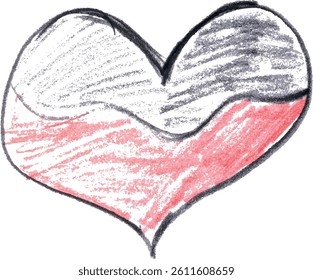 Heart drawn in red with black pencils on isolated background