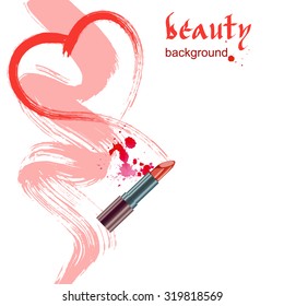 Heart drawn red lipstick. Beauty and cosmetics background. Vector illustration.