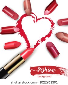 Heart drawn with red lipstick. Broken multicolored lipstick Isolated on white background. valentine day concept Beauty and cosmetics background Vector template.