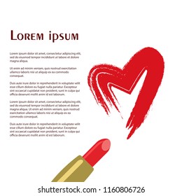 Heart drawn red lipstick. Vector image. It's an 'I love you!' message written on a sheet of paper with the red lipstick.
