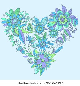 Heart of drawn vector flowers. Elegant flowers intertwined in a beautiful heart shape. High detail flower buds, petals, shoots and tendrils.