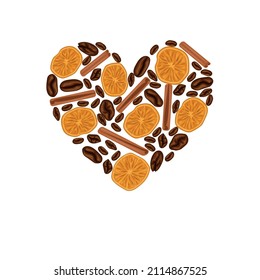 Heart of dried orange slices, cinnamon sticks and coffee beans. Multicolored image. Vector illustration.