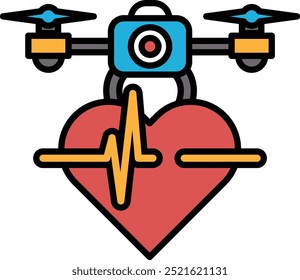 A heart with a drone on top of it. The drone is blue and yellow. The heart is red