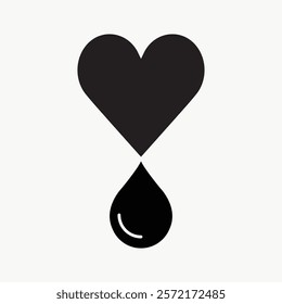 Heart and drop symbol in black. Heart transforms into a drop. Minimalist heart and drop design, isolated element. Simple black heart and drop icon. Simple icon vector element.