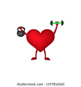 Heart with dumbbells and weight in hands. Vector illustration on isolated background