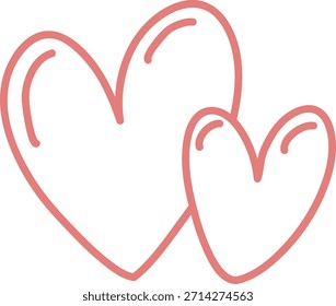 Heart duo with thick contour, two overlapping shapes with hand-drawn curves and smooth stroke. Symbol of love, romance, affection, couple bond, unity, and care. Cartoon vector illustration.
