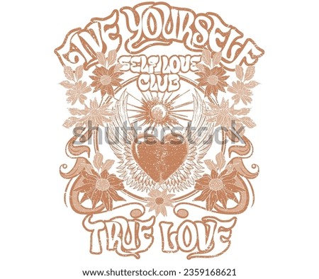 Heart with eagle wing art. Love flower garden t-shirt design. Give yourself. Love club print design.