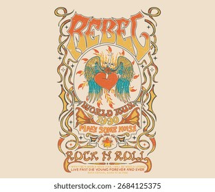 Corazón con ilustraciones de alas de águila. Afiche de la gira mundial de música. Diseño de impresión gráfica de Vector de Rock y rollo para ropa, carteles, fondo y otros.	