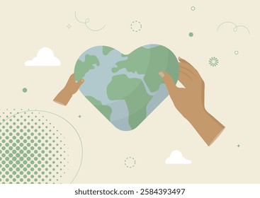 Heart Earth Environmental Love. Child hand and adult hand holding a heart-shaped Earth, decorated with Memphis-style geometric elements and dots in soothing green tones. Flat style.Vector illustration