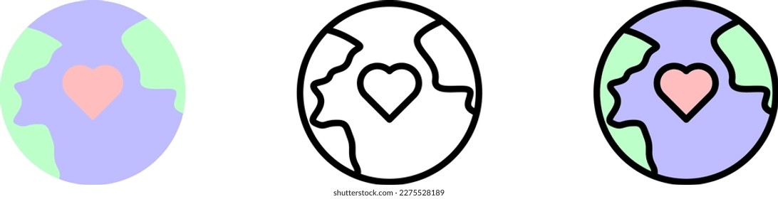 Icono de corazón, vector de tierra en diferentes estilos. Línea, color, contorno relleno