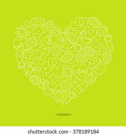 Heart of Easter icons. Great card for the Easter holiday. Vector illustration on a green background.
