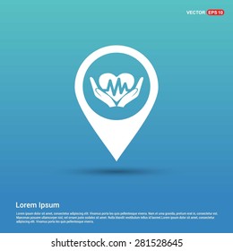 heart ecg in hand icon Icon - abstract logo type icon - white icon in map pin point showing Medical healthcare concept blue background. Vector illustration