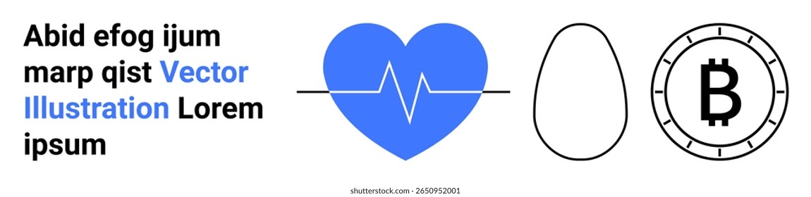 Heart with ECG line, egg shape, Bitcoin symbol, sample text in black and blue. Ideal for health, minimalism, cryptocurrency, finance, medical, digital currency, web design. Landing page