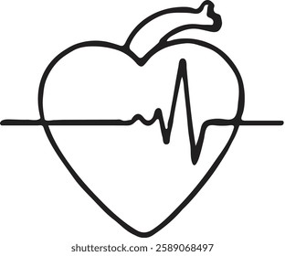 A heart with an ecg line running through it, line art silhouette isolated on white background