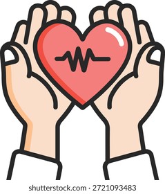 Corazón con línea de pulso de ecg sostenido por las manos que simbolizan la salud, la cardiología, el amor y el cuidado. Concepto médico.