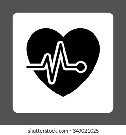 Heart ECG vector icon. Style is flat rounded square button, black and white colors, gray background.