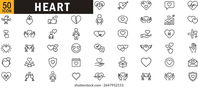 Conjunto de ícones de contorno editável do coração. Amor, romance, saúde, emoções, relacionamentos e muito mais.
