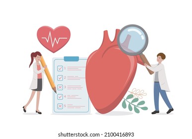 Heart with electrocardiogram with doctor or nurse or medical staff performing health check, vector comic cartoon