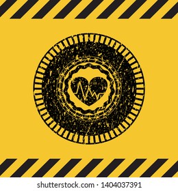 heart with electrocardiogram icon black grunge emblem inside yellow warning sign. Vector Illustration. Detailed.