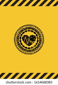 heart with electrocardiogram icon black grunge emblem with yellow background. Vector Illustration. Detailed.