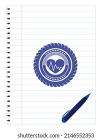 heart with electrocardiogram icon drawn with pen strokes. Blue ink. Vector Illustration. Detailed. 