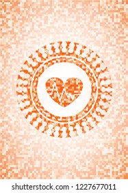 heart with electrocardiogram icon inside abstract orange mosaic emblem
