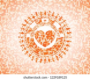 heart with electrocardiogram icon inside abstract emblem, orange mosaic background