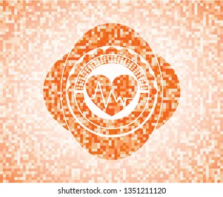 heart with electrocardiogram icon inside abstract orange mosaic emblem with background