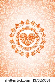 heart with electrocardiogram icon inside abstract orange mosaic emblem