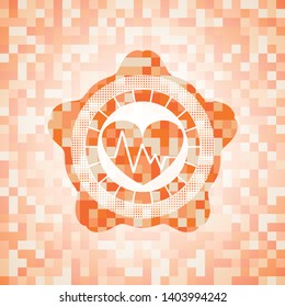 heart with electrocardiogram icon inside abstract orange mosaic emblem with background