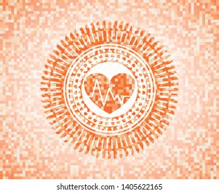 heart with electrocardiogram icon inside abstract orange mosaic emblem with background