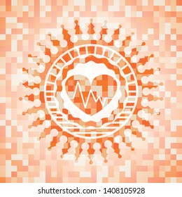 heart with electrocardiogram icon inside abstract emblem, orange mosaic background