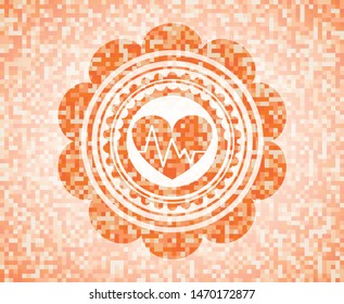 heart with electrocardiogram icon inside abstract orange mosaic emblem